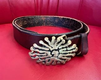 Vintage brutalist brass belt buckle with leather belt