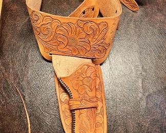 Vintage hand tooled leather belt with holster