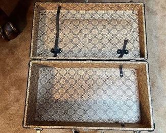 Vintage Bassett leather suitcase with chrome metal detail and early Dunwoody Industrial Institute pennant sticker 