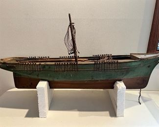 Antique 36” long wood model ship, marked Vega