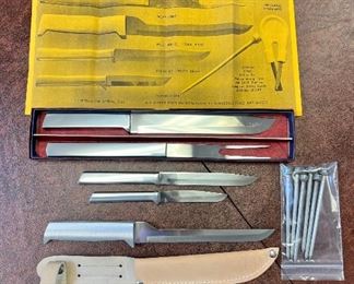 Vintage New In Box Alumaline Cutlery Co. knife set with 6 baking spikes