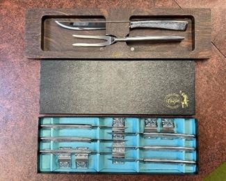 Vintage New In Box Carvel Hall steak knives with knife holders and coordinating carving set