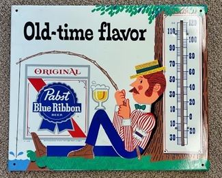 1960’s Pabst Blue Ribbon thermometer fishing beer sign.  Measures 16 13/16” x 14” and is in excellent vintage condition.