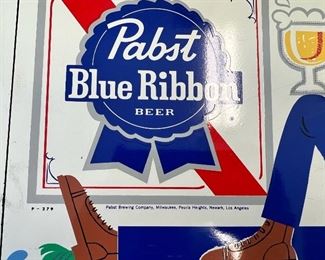 1960’s Pabst Blue Ribbon thermometer fishing beer sign.  Measures 16 13/16” x 14” and is in excellent vintage condition.