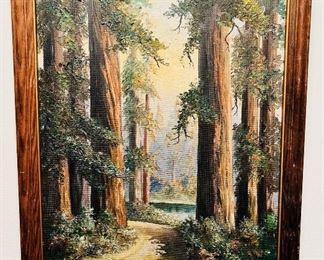 1937 early California Redwood Trees landscape painting on board signed Shanahan 