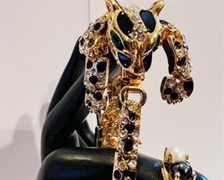 Vintage rhinestone articulating Leopard bracelet and a 10kt gold and pearl ring
