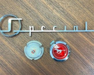 1950’s Buick Special chrome emblem, 1956 Buick horn cap(never used!) and a vintage Ford Mustang center cap