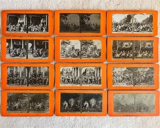 Anique Universal Photo Art Co. stereoscope with over 80 cards.  This is a 12 card set depicting Christ’s birth through ascension to heaven 