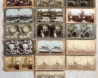 Anique Universal Photo Art Co. stereoscope with over 80 cards.  These are historically significant cards depicting President McKinley’s inauguration parade, him lying in State, his tomb, battleship cards, and a card showing Colonel Leonard Wood of the Rough Riders
