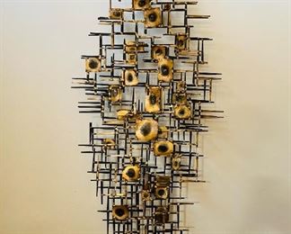 Vintage American Modern Abstract metal “Nail” art wall sculpture by C. Jeré.  This large piece measures 65”T x 27”W x 5”D and can be hung horizontally as well