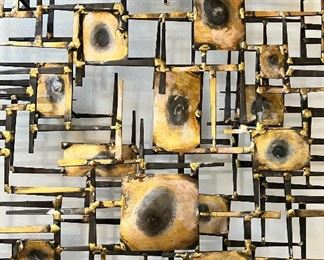 Vintage American Modern Abstract metal “Nail” art wall sculpture by C. Jeré.  This large piece measures 65”T x 27”W x 5”D and can be hung horizontally as well