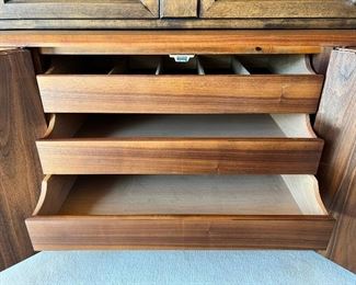 Walnut credenza made for the Pattern 12 Collection of Founders Furniture by Jack Cartwright.  This piece is missing the four black wood legs and will be sold separate from the custom made glass front display top