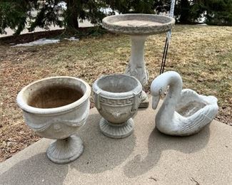 Vintage concrete garden items including an 18” tall x 24” long swan planter
