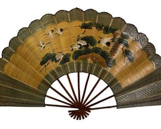 
Large Vintage Hand Painted Chinese Fan Depicting Red Crown Cranes