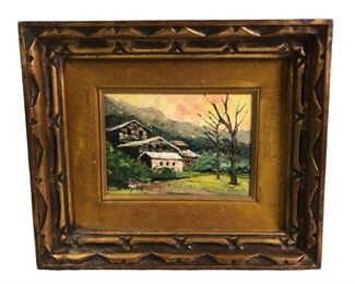 
Signed Mountain Village Landscape Oil On Board Painting