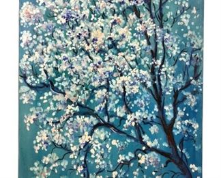 
Signed Cherry Blossom Tree Oil On Canvas Painting