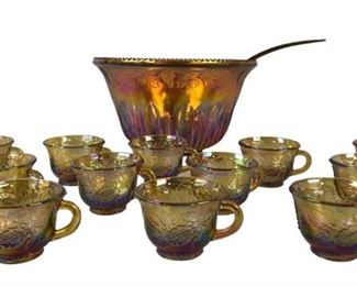 
Indiana Glass Iridescent Gold Carnival Glass Princess Punch Bowl Set