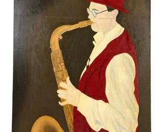 
Signed Portrait Oil On Board Painting, "Jazzman"