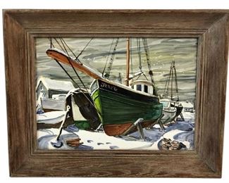 Boatyard Oil On Board Painting, Signed Carey