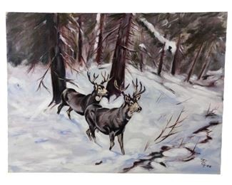 
Signed Whitetail Deer Winter Landscape Oil On Canvas Painting