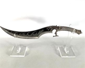 Dragon Guard Dagger
Silver Dragon Guard Dagger, Flame Design on Blade, Stainless Steel, Wire Wrapped Hilt, 14" Blade, 22" Total Length