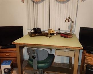 Mid-century wood and metal single drawer drafting table.  Coordinating chair and lamp also available 