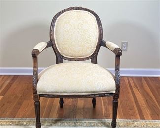 French Bergere Chair |                                                                            Wood frame with ribbon and acanthus leaf carvings, cushioned upholstery
Dimensions: l. 23 x w. 25 x h. 34 in