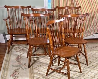 (6pc) Brace Back Windsor Chairs  |                                                       Wooden Windsor dining chairs, including two armchairs and four side chairs
Dimensions: l. 22 x w. 26 x h. 37 in (armchair)