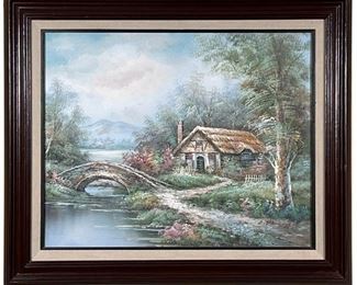 C. Manning Riverscape Painting |                                                       Showing a cottage with a thatched roof beside a bridge and riverscape scene, signed lower right
Dimensions: w. 25 x h. 21 in (frame)