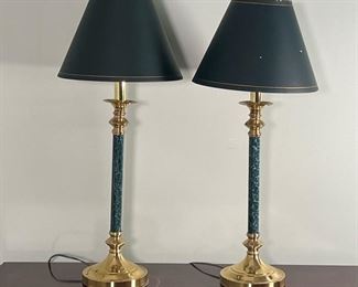 (2pc) Pair Brass Lamps | A pair of brass table lamps with green marble / stone columns with black shades
Dimensions: l. 10’ 1/2” x h. 22’ in