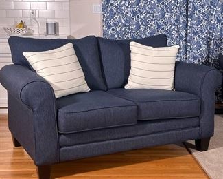 Fusion Furniture Blue Twill Loveseat | Blue sofa / couch of small size with a pair of striped pillows
Dimensions: l. 65 x w. 37 x h. 31 in