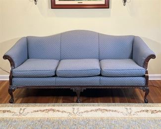 Chippendale Style Camelback Sofa | Ball and claw feet, outset arms, blue pattern upholstery
Dimensions: l. 82 x w. 37 x h. 34 in