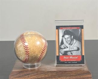 STAN MUSIAL | [SIGNED BASEBALL] signed by Stan Musial together with an "Upper Deck Legends" card both displayed on a wooden base