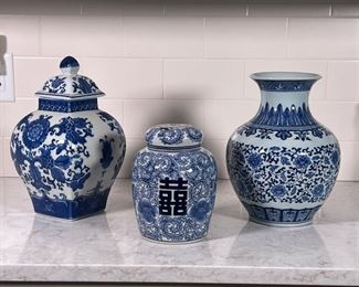 (3pc) Decorative Blue & White Vessels | Blue and white porcelain, including a Ballard designs lobed jar, a lidded ginger jar with Shou characters, and a Ballard designs amphora form vase
Dimensions: h. 12.5 in (tallest)