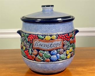 Colorful Rumtopf Pot | Lidded Rumtopf jar with fruit decoration and gilt highlights
Dimensions: h. 10 x dia. 10 in