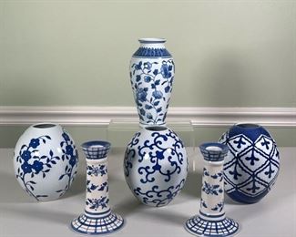 (6pc) Decorative Blue & White | Including three pieces by Ballard Designs ovoid jars
Dimensions: h. 9 in (tallest)
