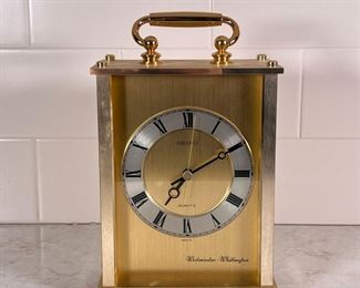 SEIKO TAMA DUEL CHIMES PARLOR CLOCK | Quartz brass-tone carriage clock, Westminster Whittington
Dimensions: l. 6 x w. 3.5 x h. 10 in
