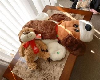 Faux marble top hardwood coffee table and Wonderful Stuffed animals too! Please bring the kids!