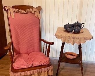 Antique Accent Table, Antique Rocker & Nelson McCoy Pink Planter