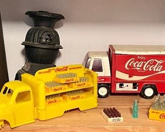 Vintage Buddy L Japan Coke Truck With Coke Crate Bottles Inside, Vintage Marx Coca Cola Truck-as is, Vintage Miniature Coke Crates With Cokes, Miniature Pepsi Crate, & Vintage Cast Iron Pot Belly Toy Stove