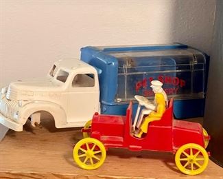 Vintage Marx Plastic Toy Pet Shop Truck-as is, & 1950’s Molded Hard Plastic Model T With Couple