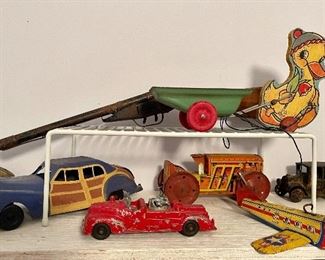 Vintage 1940’ Duck Pull Toy by N.N Hill Brass Co. East Hampton Conn., Vintage J. Chein Tin Litho Toy Windup Pontoon Sea Plane-As Is, Hubley USA Fire Engine, Irwin Made In USA Hard Plastic Wind-up Car, & Vintage Double Barrel Toy Shotgun