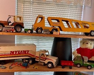 Vintage Yellow Nylint Pressed Steel Car Transport Truck 1960’s-1970’s, & Vintage Nylint “America’s Finest Steel Toy Trucks Since 1964” Pressed Steel Truck, Vintage Tonka Jeep