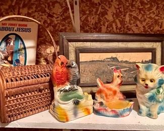 Vintage Carnival Chalk Figures, Wicker Purse