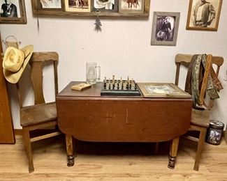 Antique Drop Leaf Table, old Straw Hats, Vintage Western Belts.