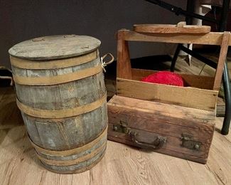 Antique Heavy Banded Nail Barrel with Lid, Vintage Wood Box