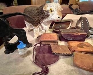 Vintage Plaster Hereford Bull Bank, Old Leather Belt Bag Muzzleloader? , Vintage Leather Wallets, Vintage Riviter