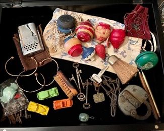 Vintage Toy Wooden Tops, Vintage Hand-warmer, Antique Adlake Railroad Lock