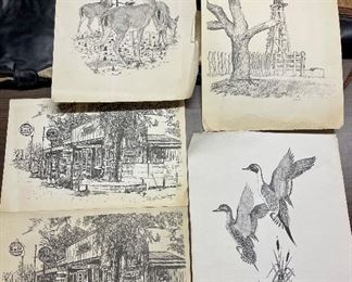 Pencil and Ink Prints….Whitetail Deer by Oliphant, Windmill by Bill Hicks, Ducks by Oliphant, Telegraph Tx by Ricardo Ross