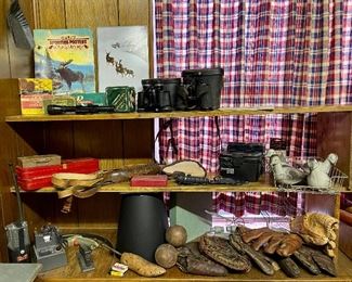 Hunting Decor, Binoculars, Gun Cleaning Kits, Vintage Baseball Gloves